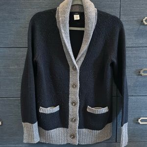 J Crew Shawl Collared Cardigan two tone navy and grey